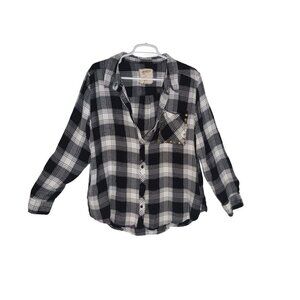 Arizona Plaid Button-Up Shirt With Studded Pocket Black & White Women's Size XXL